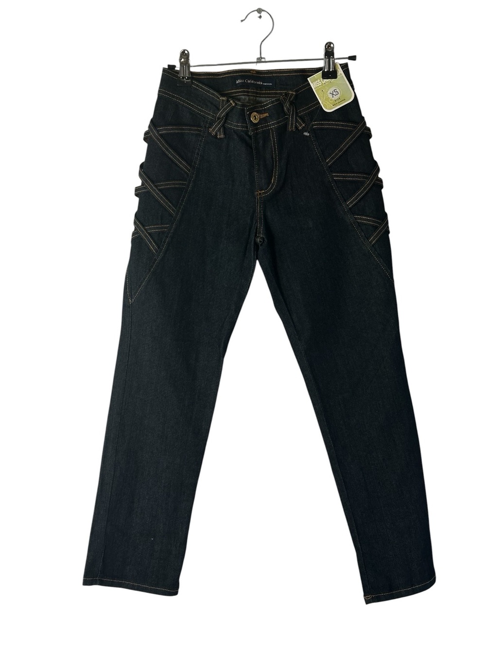 NWT Miss California Dark Wash Strappy Designer Jeans XS Made in USA Y2K